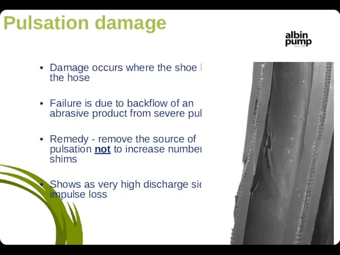 Damage occurs where the shoe leaves the hose Failure is due