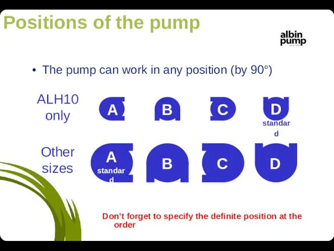 The pump can work in any position (by 90°) Positions of