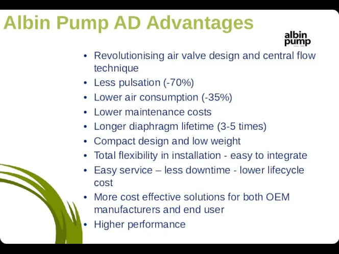 Albin Pump AD Advantages Revolutionising air valve design and central flow