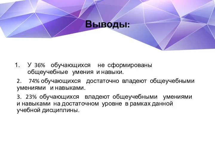 Выводы: У 36% обучающихся не сформированы общеучебные умения и навыки. 2.