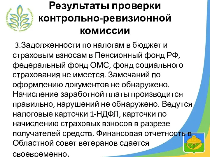 Результаты проверки контрольно-ревизионной комиссии 3.Задолженности по налогам в бюджет и страховым