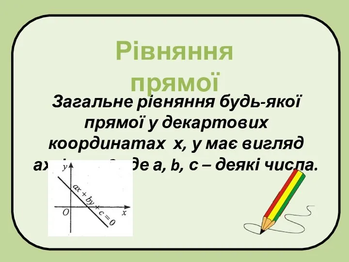 Загальне рівняння будь-якої прямої у декартових координатах х, у має вигляд