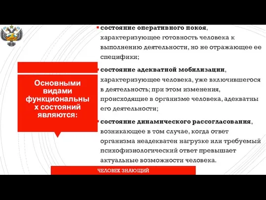 Основными видами функциональных состояний являются: состояние оперативного покоя, характеризующее готовность человека