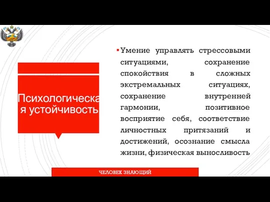 Психологическая устойчивость Умение управлять стрессовыми ситуациями, сохранение спокойствия в сложных экстремальных