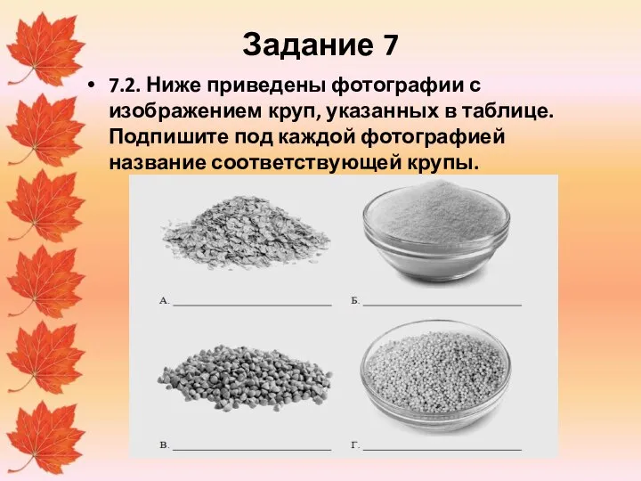 Задание 7 7.2. Ниже приведены фотографии с изображением круп, указанных в