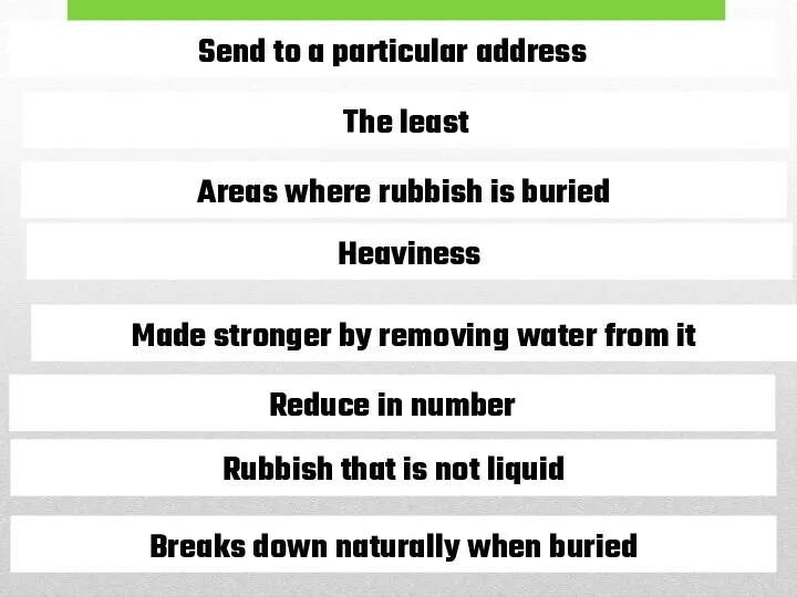 Delivered Send to a particular address Minimal The least Landfills Areas