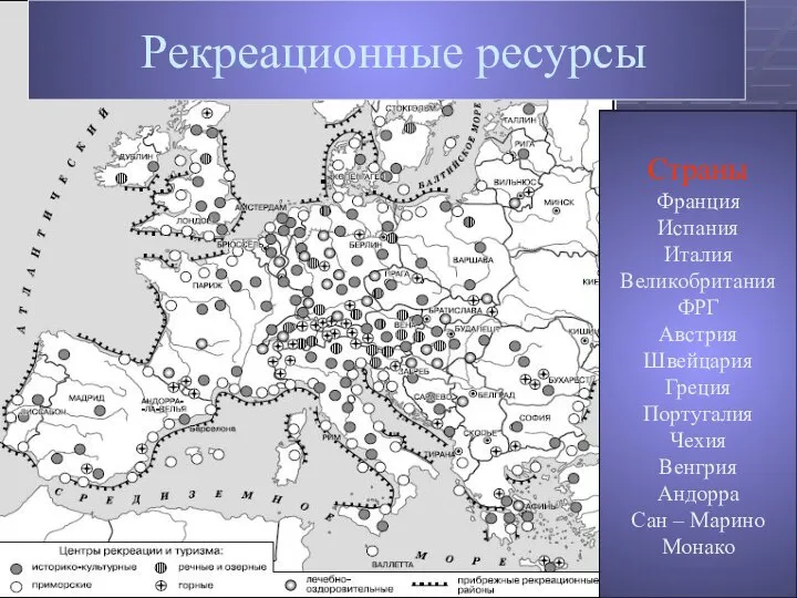 Рекреационные ресурсы Страны Франция Испания Италия Великобритания ФРГ Австрия Швейцария Греция