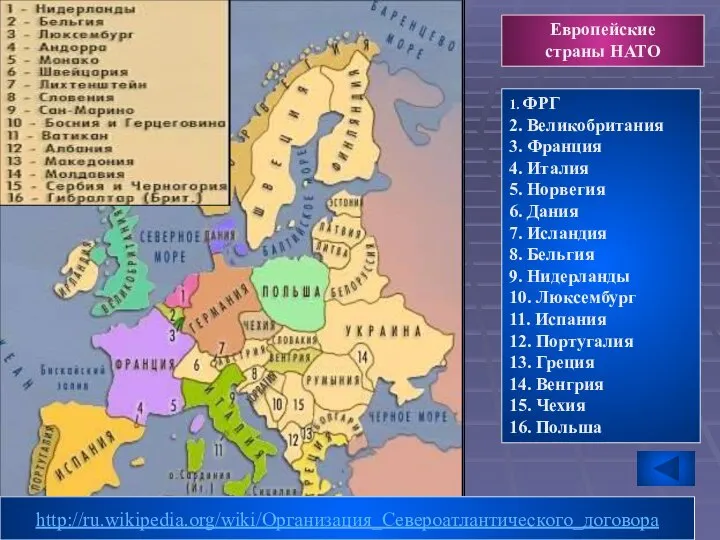 Европейские страны НАТО 1. ФРГ 2. Великобритания 3. Франция 4. Италия