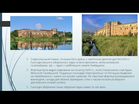 Старосільський замок, точніше його руїни, є пам'яткою архітектури XVI-XVII ст. Сьогодні