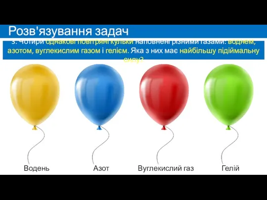 Розв'язування задач 3. Чотири однакові повітряні кульки наповнені різними газами: воднем,