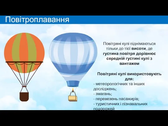 Повітроплавання Повітряні кулі піднімаються тільки до тієї висоти, де густина повітря