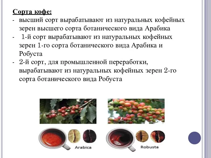 Сорта кофе: высший сорт вырабатывают из натуральных кофейных зерен высшего сорта