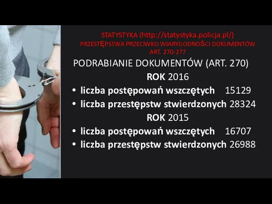 STATYSTYKA (http://statystyka.policja.pl/) PRZESTĘPSTWA PRZECIWKO WIARYGODNOŚCI DOKUMENTÓW ART. 270-277 PODRABIANIE DOKUMENTÓW (ART.