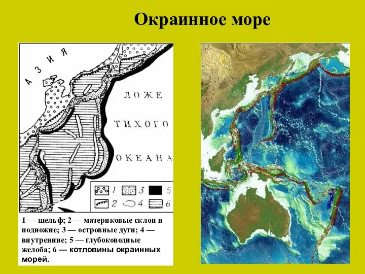 Окраинное море 1 — шельф; 2 — материковые склон и подножие;