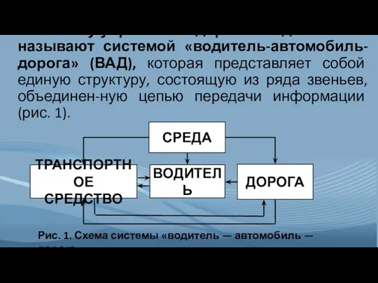 Систему управления дорожным движением называют системой «водитель-автомобиль-дорога» (ВАД), которая представляет собой