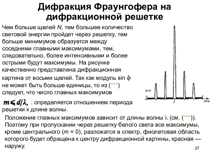 Дифракция Фраунгофера на дифракционной решетке Чем больше щелей N, тем большее