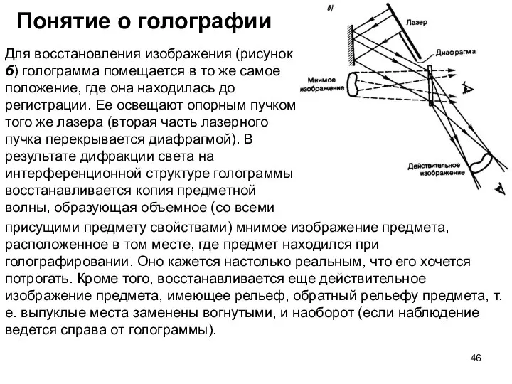 Понятие о голографии Для восстановления изображения (рисунок б) голограмма помещается в