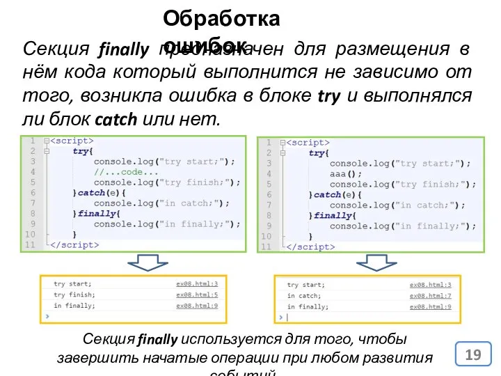 Обработка ошибок Секция finally предназначен для размещения в нём кода который