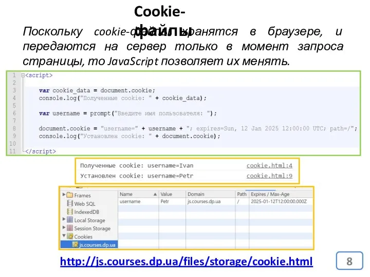 Cookie-файлы Поскольку cookie-файлы хранятся в браузере, и передаются на сервер только