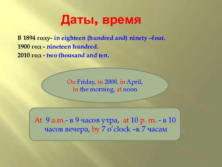 Даты, время В 1894 году- in eighteen (hundred and) ninety –four.