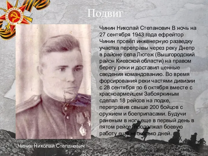 Подвиг Чинин Николай Степанович В ночь на 27 сентября 1943 года