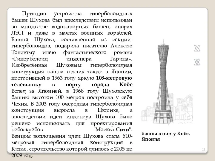 Принцип устройства гиперболоидных башен Шухова был впоследствии использован во множестве водонапорных