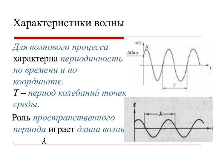 Характеристики волны Для волнового процесса характерна периодичность по времени и по