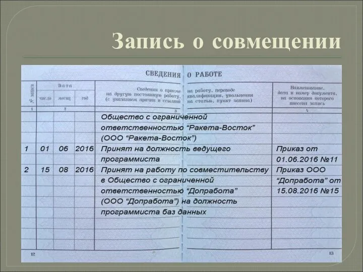 Запись о совмещении