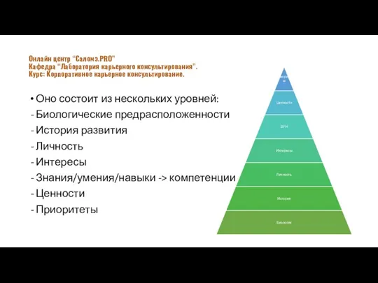 Оно состоит из нескольких уровней: Биологические предрасположенности История развития Личность Интересы