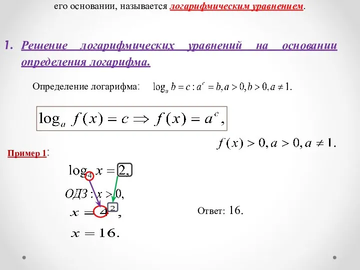 Уравнение, содержащее неизвестное под знаком логарифма или (и) в его основании,