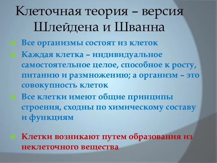 Клеточная теория – версия Шлейдена и Шванна Все организмы состоят из