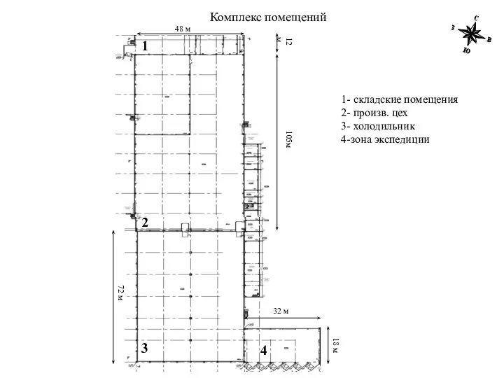 48 м Комплекс помещений 1 2 3 4 1- складские помещения