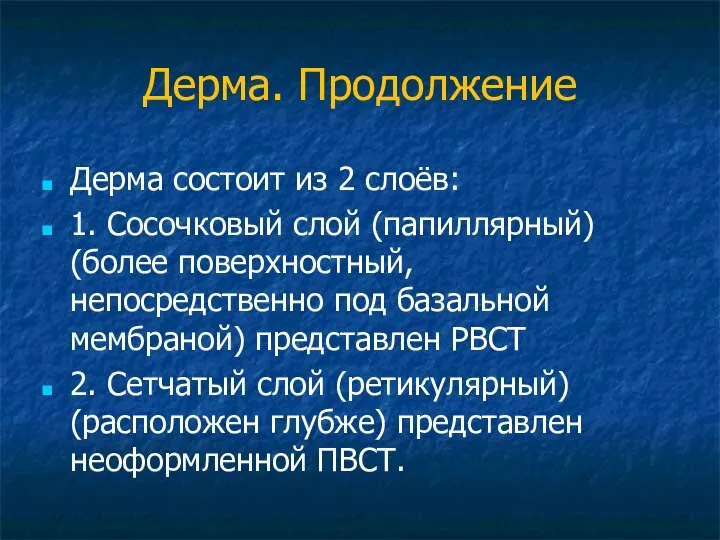 Дерма. Продолжение Дерма состоит из 2 слоёв: 1. Сосочковый слой (папиллярный)