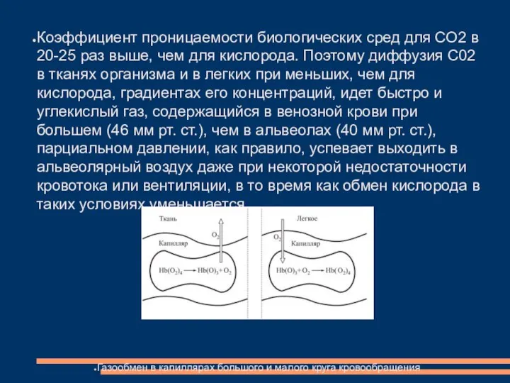 Коэффициент проницаемости биологических сред для СО2 в 20-25 раз выше, чем