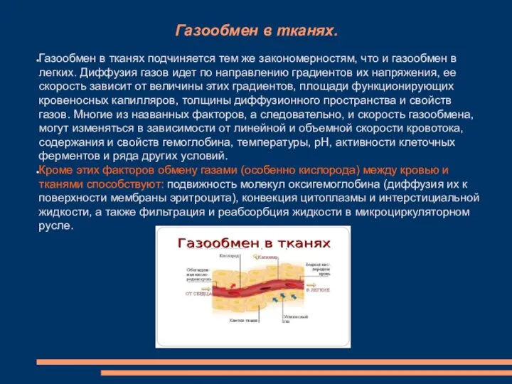 Газообмен в тканях. Газообмен в тканях подчиняется тем же закономерностям, что