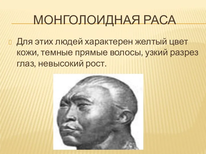 МОНГОЛОИДНАЯ РАСА Для этих людей характерен желтый цвет кожи, темные прямые