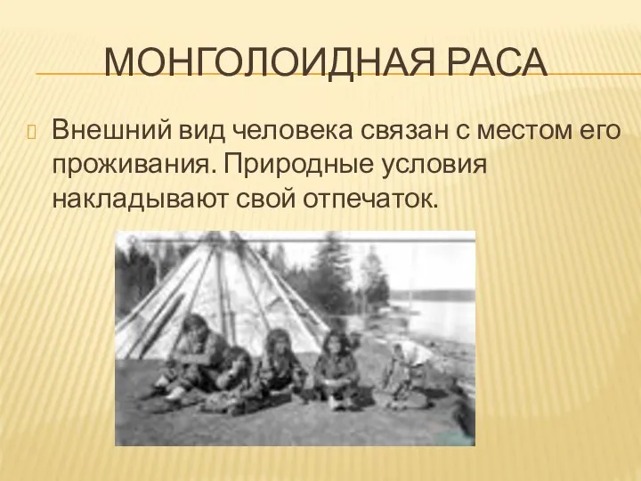 МОНГОЛОИДНАЯ РАСА Внешний вид человека связан с местом его проживания. Природные условия накладывают свой отпечаток.