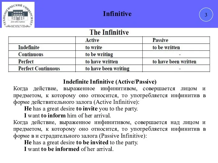 3 Infinitive Indefinite Infinitive (Active/Passive) Когда действие, выраженное инфинитивом, совершается лицом