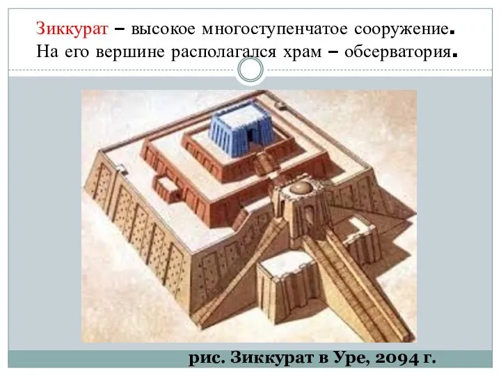 Зиккурат – высокое многоступенчатое сооружение. На его вершине располагался храм –