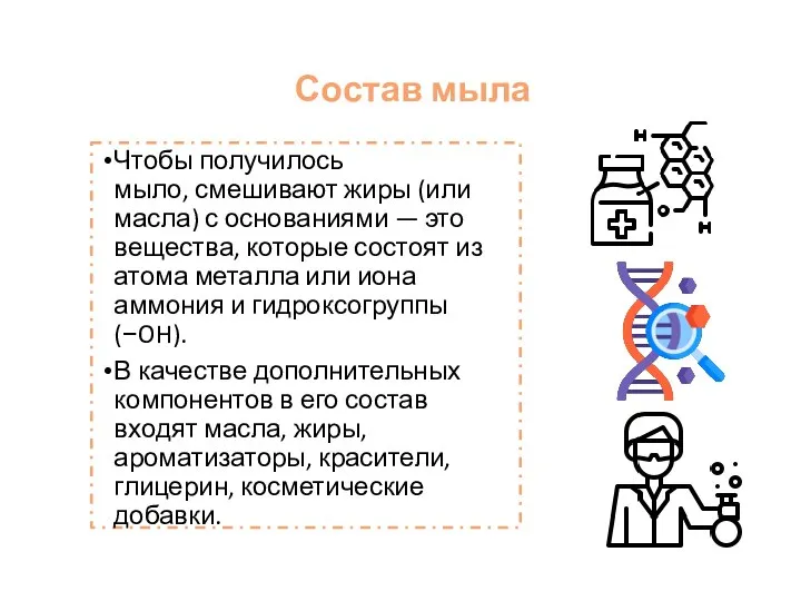 Состав мыла Чтобы получилось мыло, смешивают жиры (или масла) с основаниями