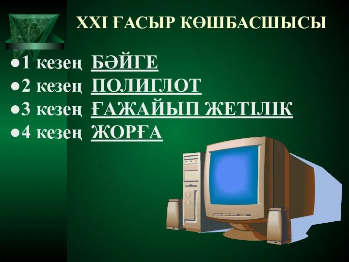 XXI ҒАСЫР КӨШБАСШЫСЫ 1 кезең БӘЙГЕ 2 кезең ПОЛИГЛОТ 3 кезең ҒАЖАЙЫП ЖЕТІЛІК 4 кезең ЖОРҒА