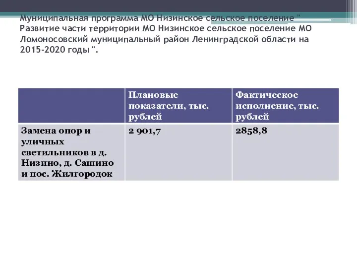 Муниципальная программа МО Низинское сельское поселение " Развитие части территории МО