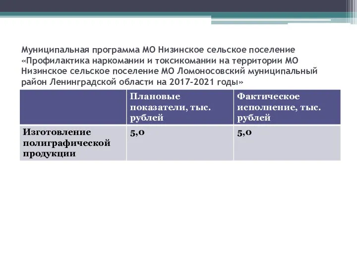 Муниципальная программа МО Низинское сельское поселение «Профилактика наркомании и токсикомании на