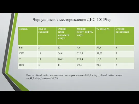 Чернушинское месторождение ДНС-1013Чер Вывод: общий дебит жидкости по месторождению – 868,2