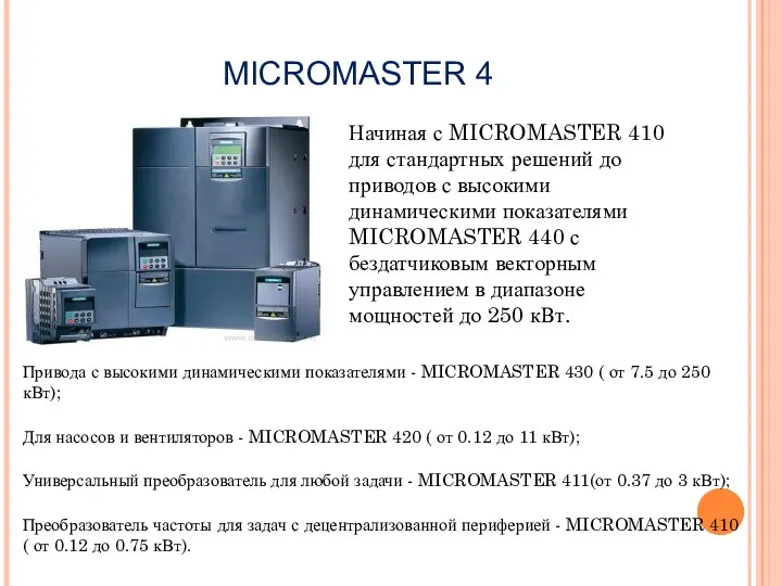 MICROMASTER 4 Начиная с MICROMASTER 410 для стандартных решений до приводов