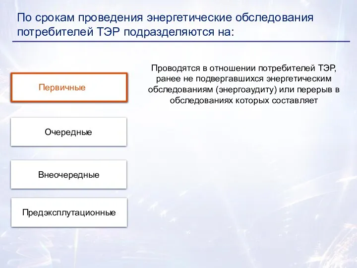 Очередные Первичные По срокам проведения энергетические обследования потребителей ТЭР подразделяются на: