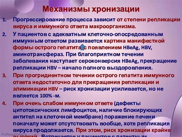 Механизмы хронизации Прогрессирование процесса зависит от степени репликации вируса и иммунного