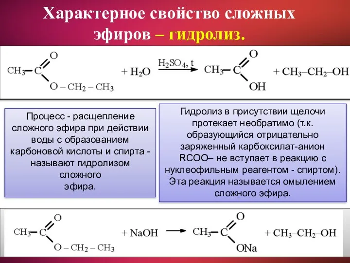 Характерное свойство сложных эфиров – гидролиз. Процесс - расщепление сложного эфира