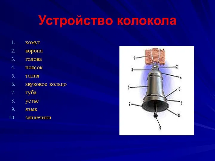 Устройство колокола хомут корона голова поясок талия звуковое кольцо губа устье язык заплечики