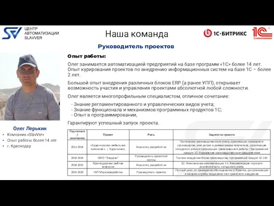 Опыт работы: Олег занимается автоматизацией предприятий на базе программ «1С» более